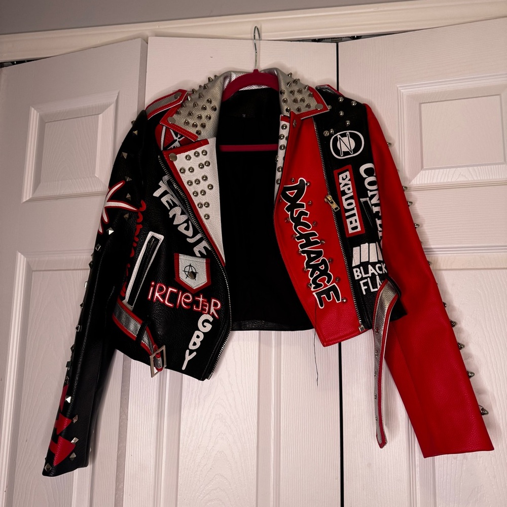 Red and Black Studded Moto PU LEATHER Jacket